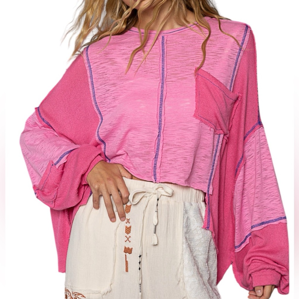 389. Women's Pink Contrast Knit Oversized Top NEW